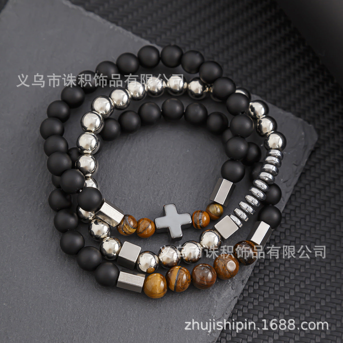 Bracciale elasticizzato con perline geometriche esagonali in ossidiana nera e occhio di tigre, da uomo e unisex, accessorio casual da lavoro e alla moda
