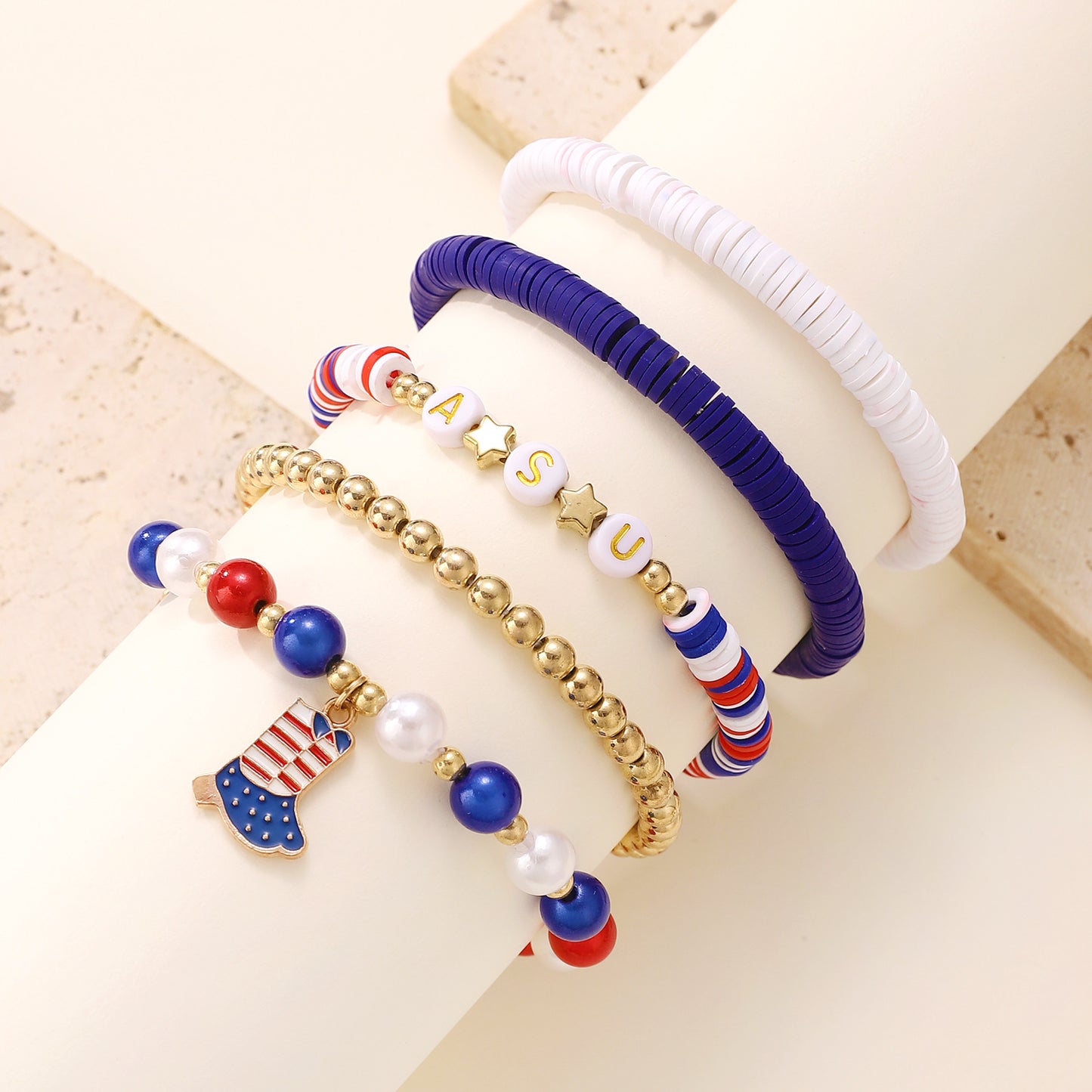 Patriotic Resin Beaded Bracelet Set with Heart Star Letter Charms and Rhinestone Accents