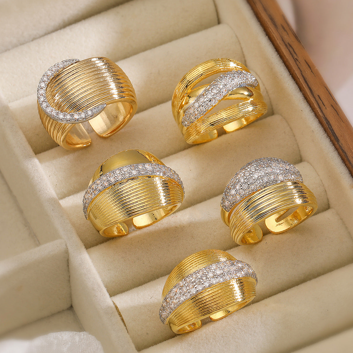 Two-Tone Plated Geometric Open Ring with Cubic Zirconia for Women