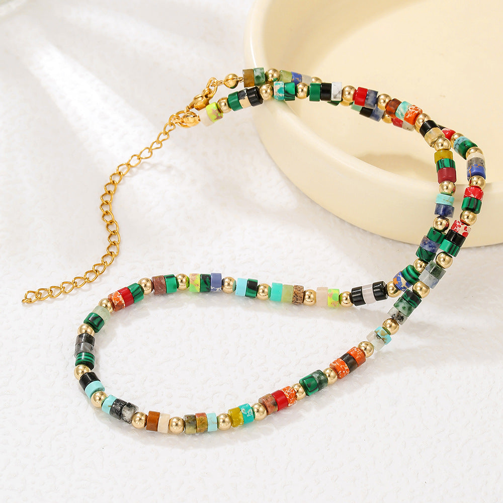 Minimalist Geometric Round Colorful Natural Gemstone Beaded Necklace Gold Plated Alloy Cable Chain for Women