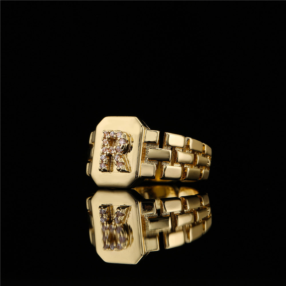 Minimalist Adjustable Open Ring with 18K Gold Plated Copper Band and AAA Zircon Letters Design