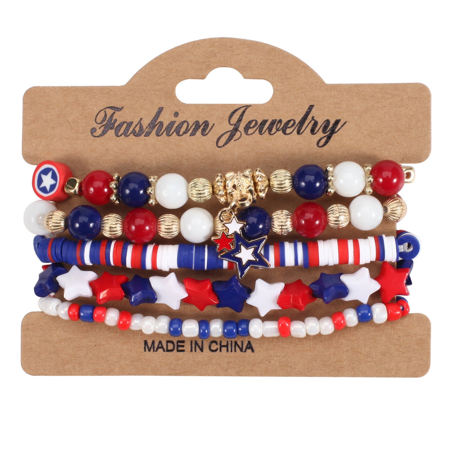Unisex Red White Blue Resin Crystal Beaded Bracelet with Floral Pattern
