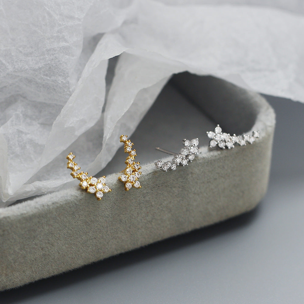 Sweet Floral Design 925 Sterling Silver Stud Earrings with Rhinestone Accents for Women