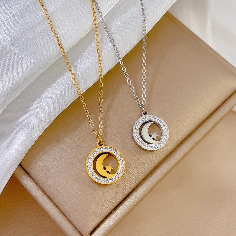 Minimalist Geometric Star and Moon Pendant Necklace in Titanium Steel with Gold Plating for Women and Men