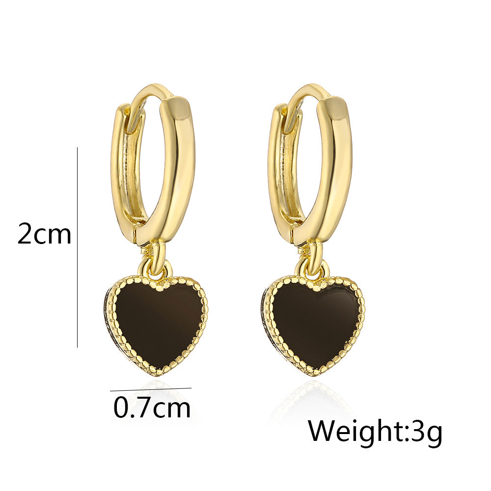 Orecchini pendenti da donna eleganti alla francese a forma di cuore, in mini smalto nero, realizzati in rame con placcatura in vero oro