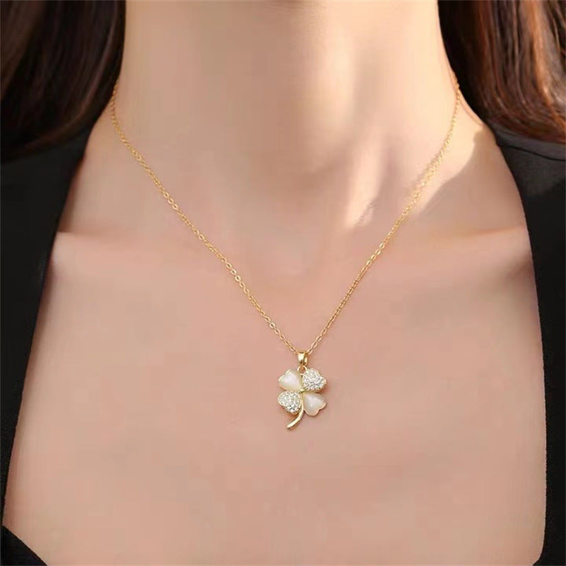 Minimalist Clover Pendant Necklace for Women in Titanium Steel with Rhinestone Inlay on O-Chain