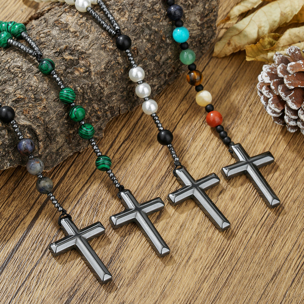 Bohemian Multicolor Natural Stone Beaded Cross Necklace for Men and Women