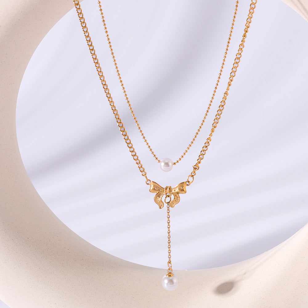 Vintage French Bow Double Layer Necklace with Pearl Pendant in Titanium Steel with 18K Vacuum Plating on O-Chain for Women