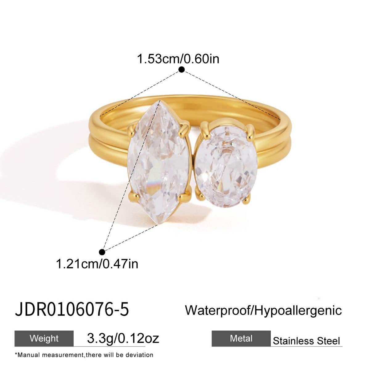 Minimalist Elegant Teardrop Oval Cubic Zirconia PVD Titanium Steel Ring for Women