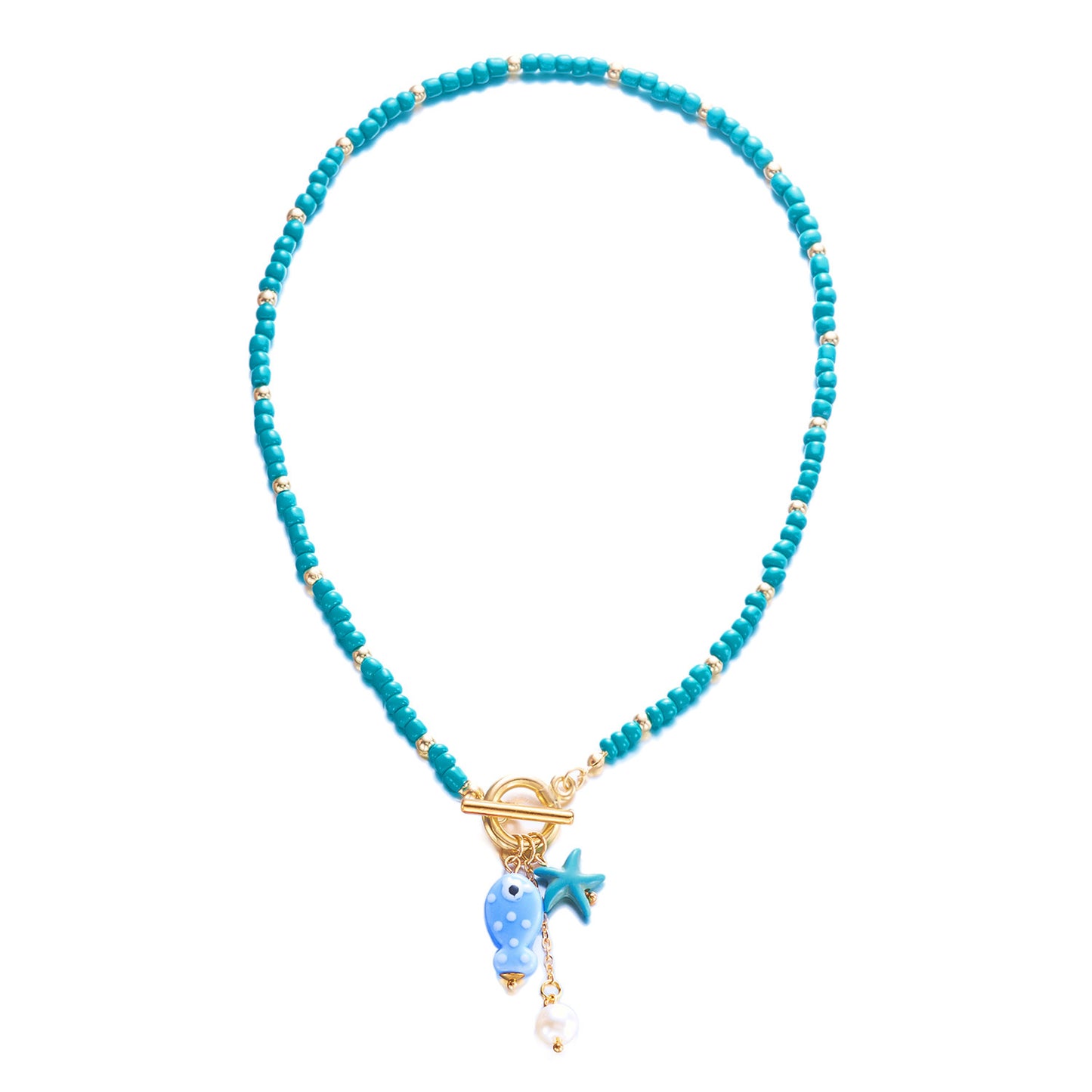 Bohemian Sweet Geometric Ceramic Resin Fish Starfish Turquoise Tassel Beaded Necklace for Women