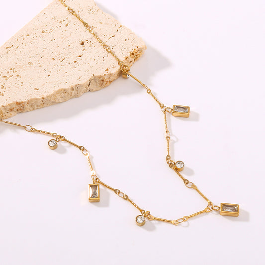 Minimalist Geometric Diamond Pendant Necklace for Women in Titanium Steel with 18K Vacuum Plating, Rectangular and Round Shapes, O-Chain Design
