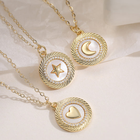 Minimalist Vintage 18K Gold Plated Brass Star Moon Heart Round Pendant Necklace with Cubic Zirconia for Women