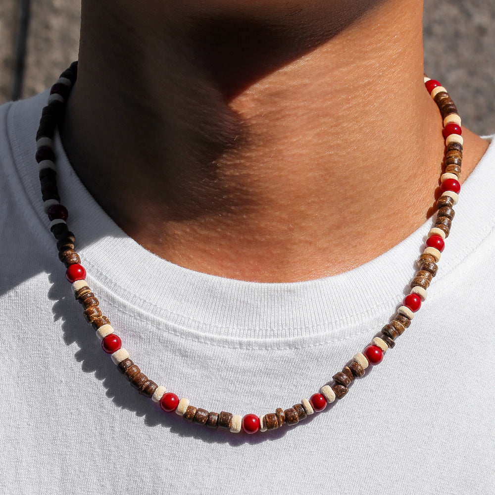 Bohemian Handmade Geometric Wood and Coconut Shell Ball Chain Necklace