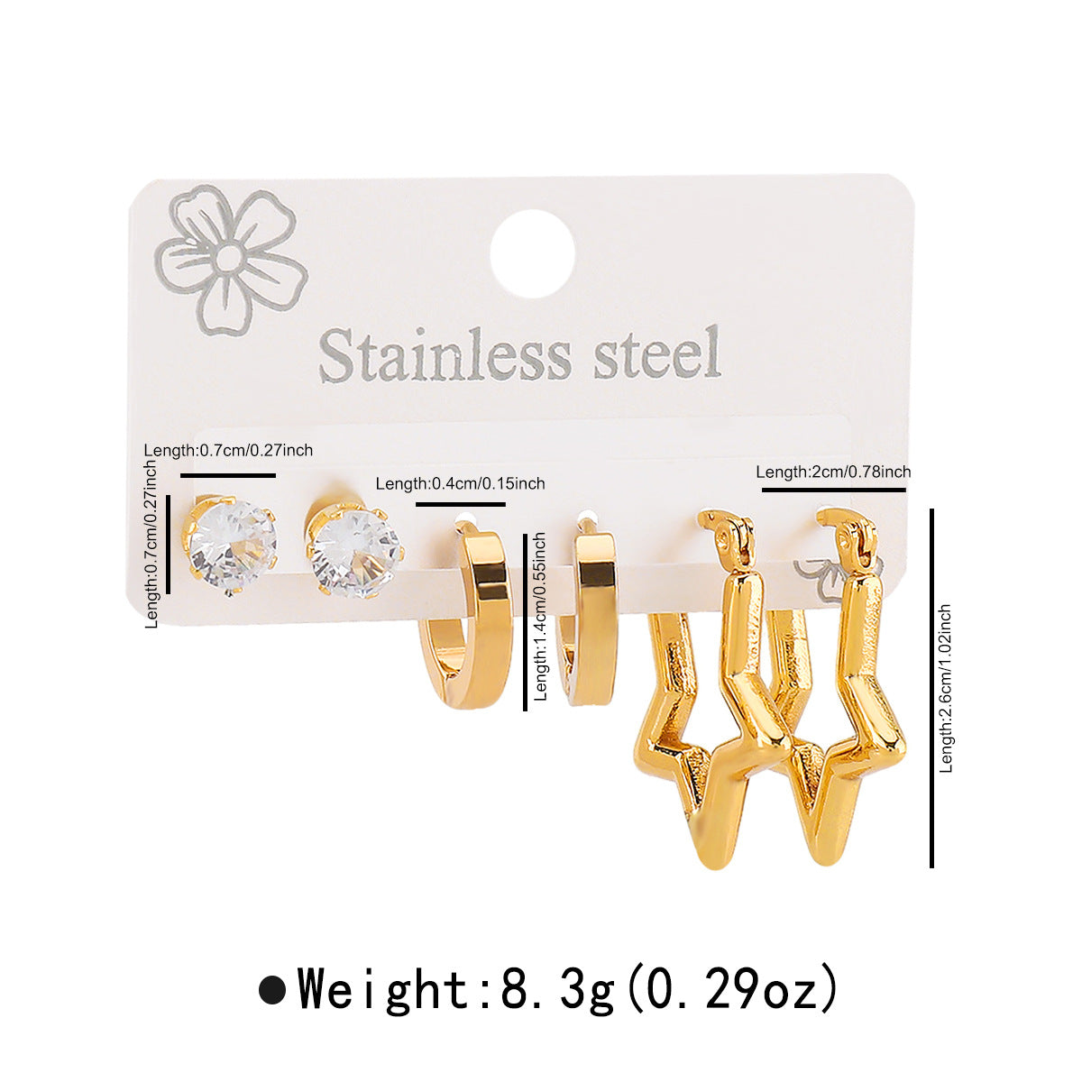 Aretes Minimalistas Geométricos de Acero Inoxidable Bañados en Oro de 14K con Detalles de Pedrería