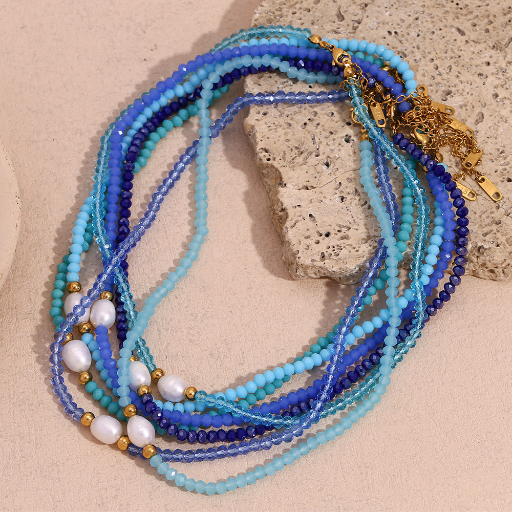 Minimalist Geometric Stainless Steel Pendant Necklace with Freshwater Pearl and Blue Crystal Beads for Women