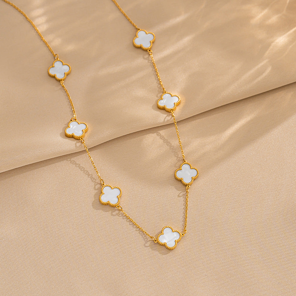 Luxury 18K Gold Plated Titanium Steel Four-Leaf Clover Double-Sided Shell Necklace for Women