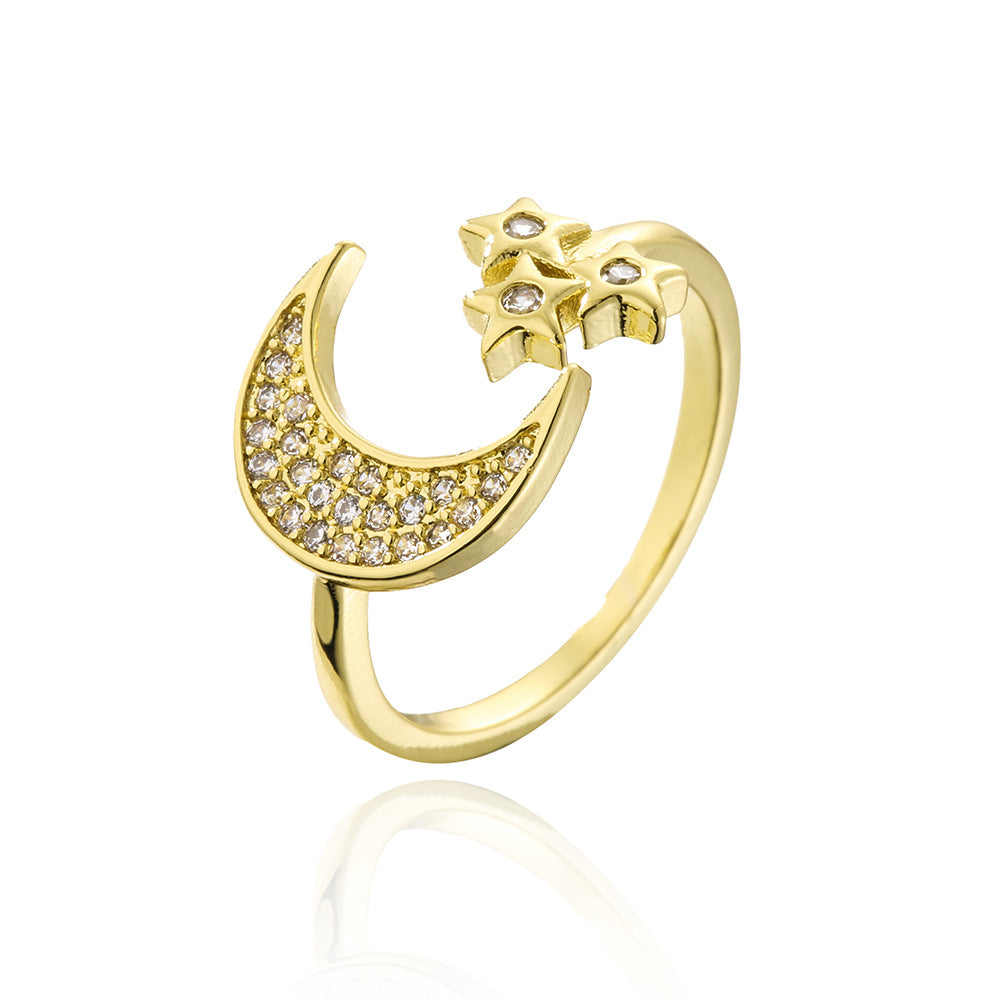 Anello aperto in stile europeo con stella e luna geometriche, placcato oro 18K su rame, zirconi micropavé, gioielli da donna
