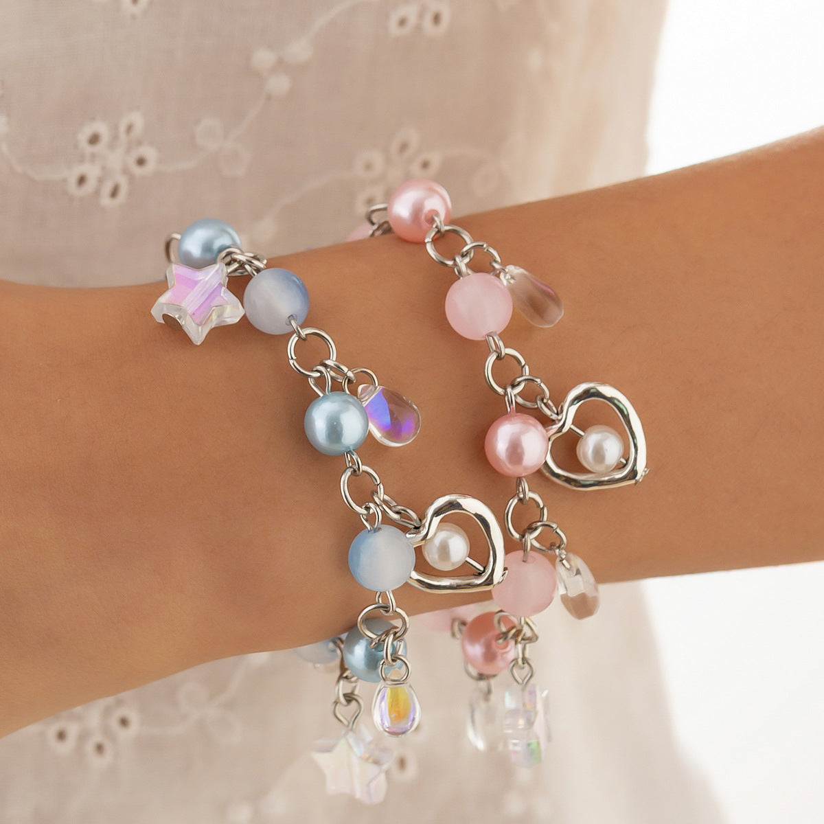 Sweet and Edgy Acrylic Heart Star Floral Bracelet for Women with Rhinestone Inlay and Plated Finish