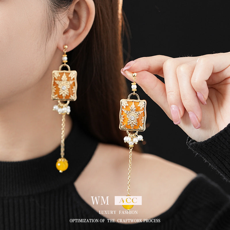 Chic Floral and Geometric Square Pearl Stud Earrings with Rhinestone Inlay and 925 Sterling Silver Posts