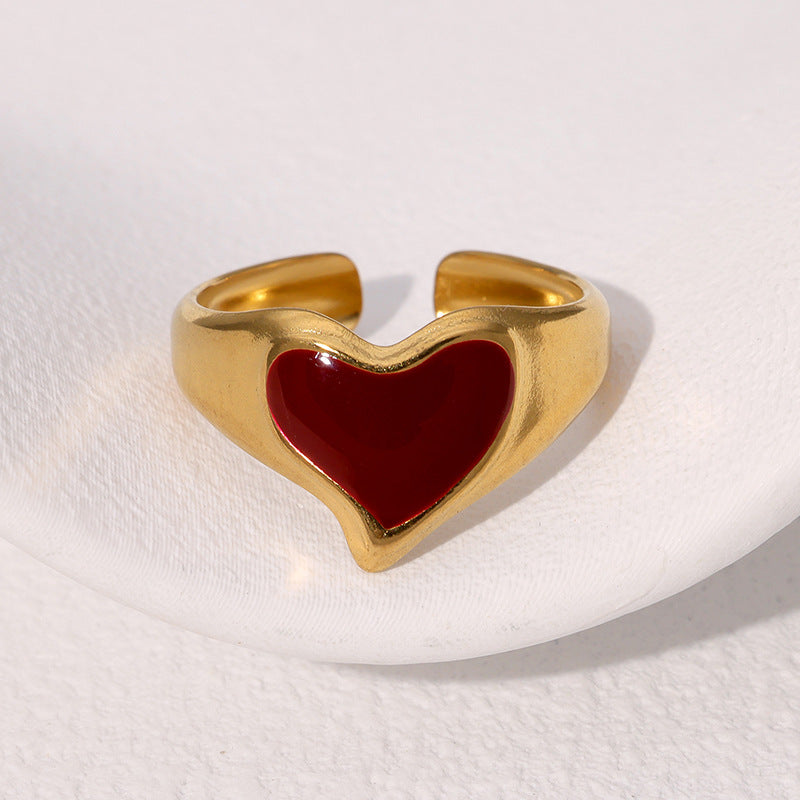 Vintage French-Style Geometric Stainless Steel Adjustable Open Ring for Women with Polished Finish and Heart-Eye Motif