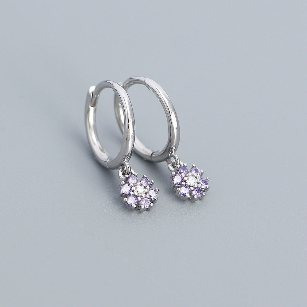 Minimalist Floral Geometric Earrings in 925 Sterling Silver with Blue Zircon Inlay