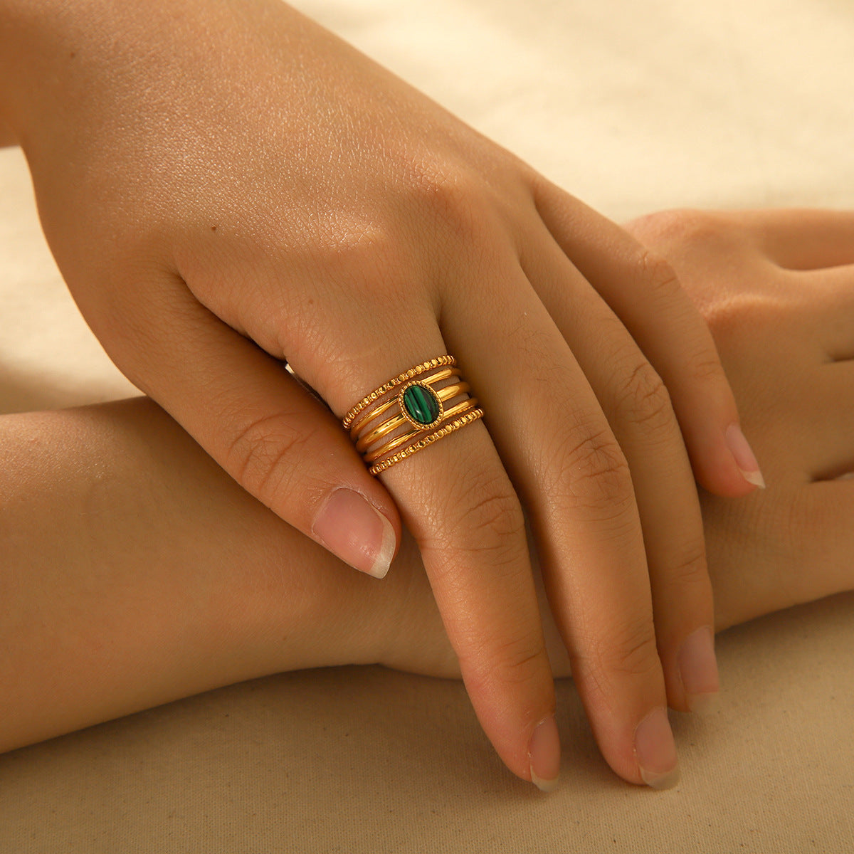 Minimalist Geometric Open Ring for Women in Titanium Steel with Electroplated Finish and Natural Malachite Inlay
