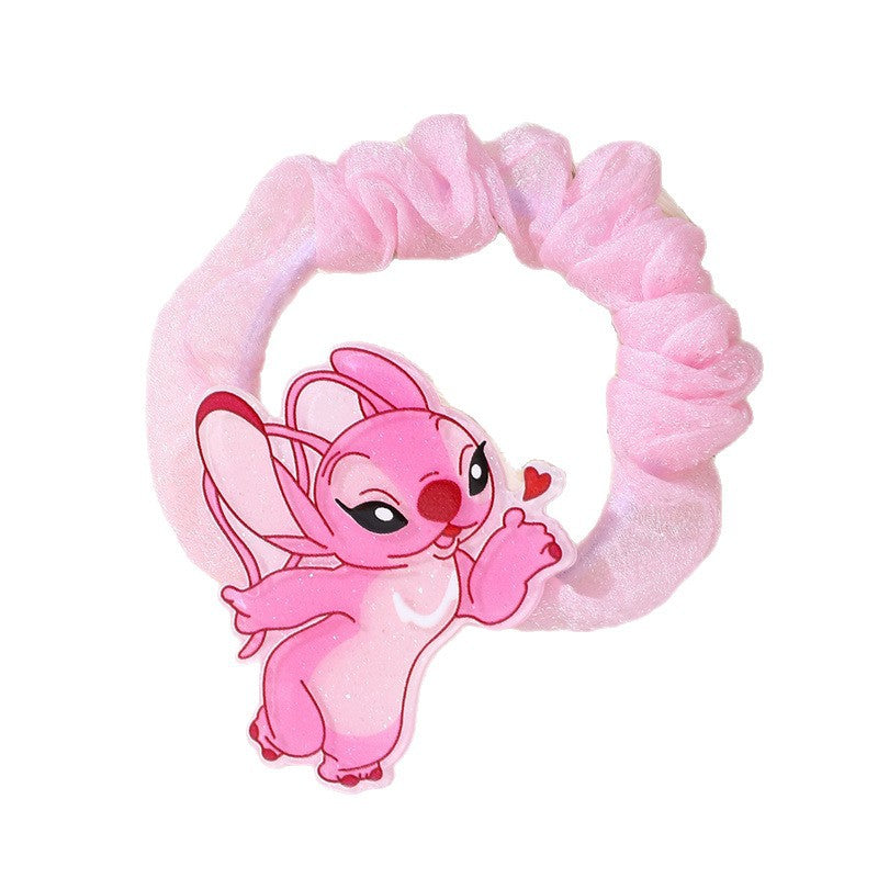 Cute Pink Stitch Hair Tie for Girls Cartoon Character Elastic Ponytail Holder Knitted Bow Headband Accessory