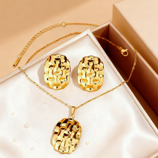 Parure di collana e orecchini a lobo ovali geometrici minimalisti vintage in acciaio inossidabile placcato da donna