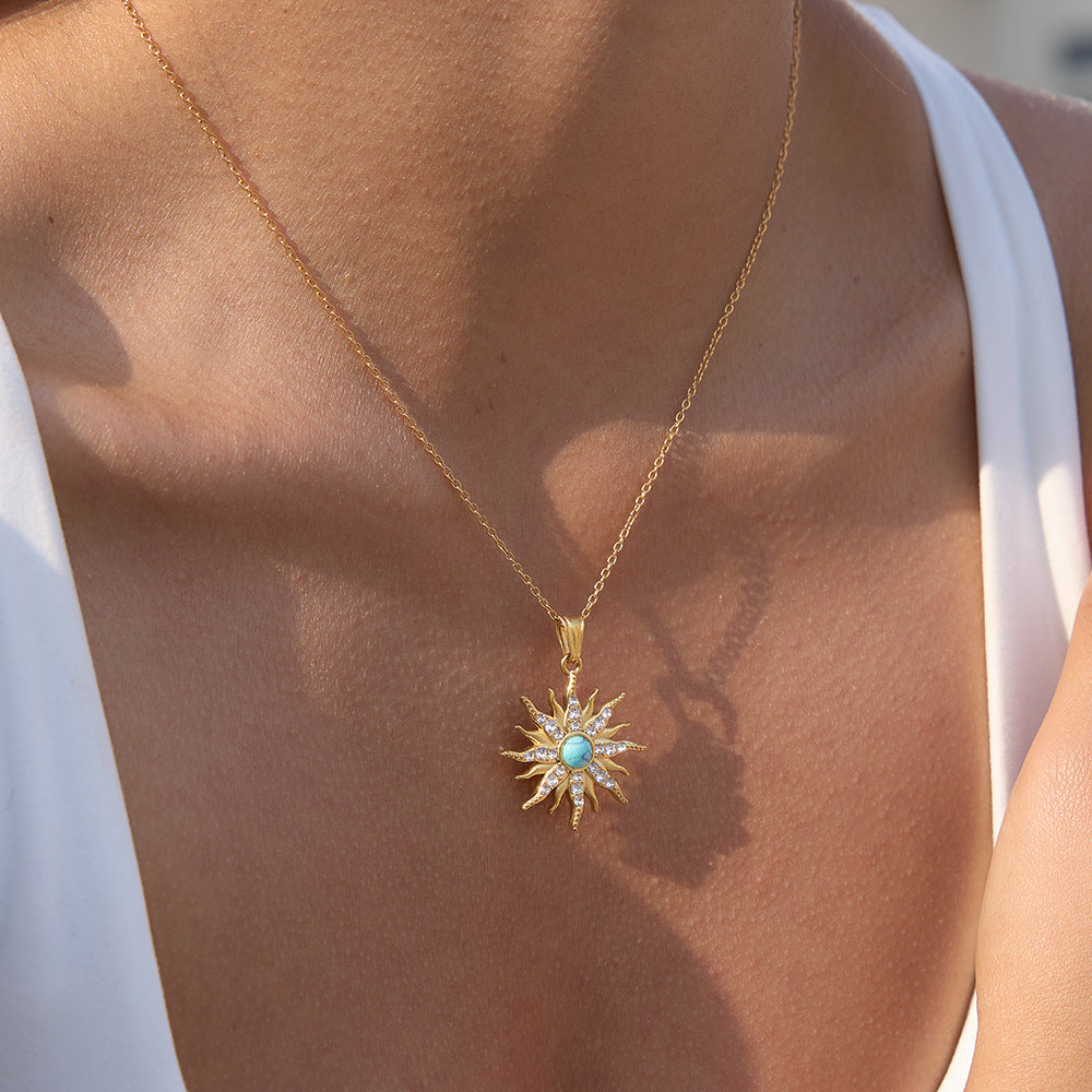 Minimalist Geometric Sun Stainless Steel Necklace with Turquoise and Rhinestone PVD Plated for Women