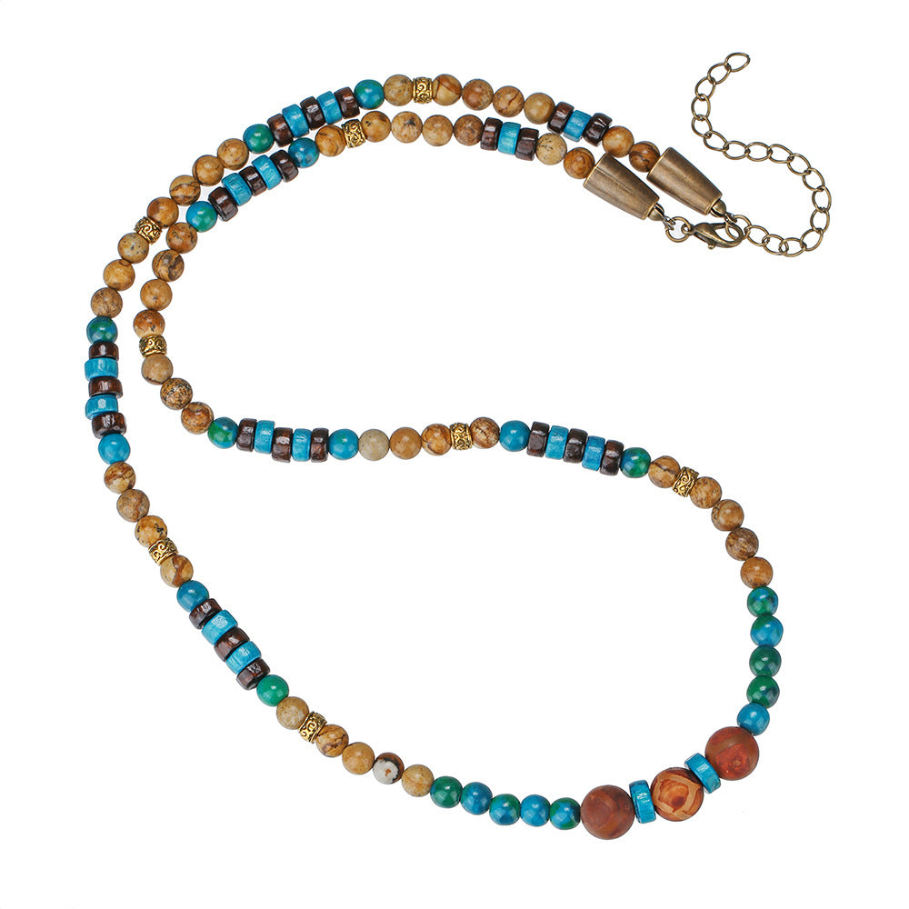Vintage Geometric Natural Stone and Wood Bead Ball Chain Necklace Unisex