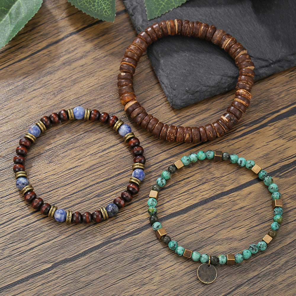 Bohemian Geometric Wood Bead and Turquoise Stretch Bracelet for Men and Women