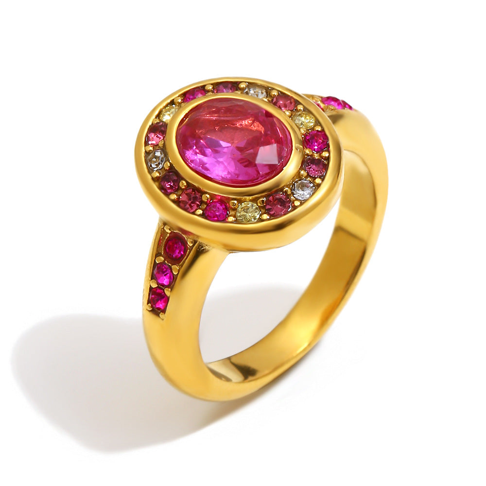 Minimalist Geometric Stainless Steel Ring with 18K Gold Plating and Colorful Zircon Inlay for Women