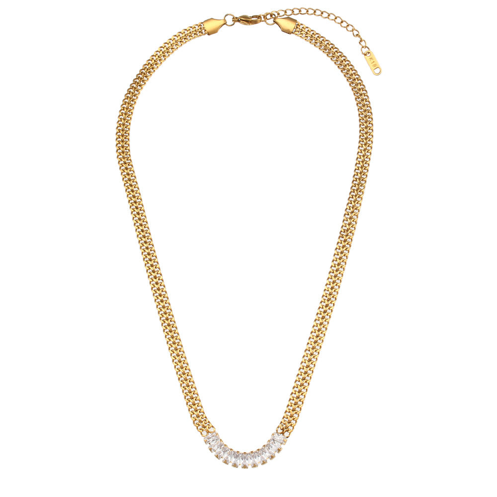 Minimalist Geometric Cuban Link Necklace with Zirconia Pendant and Stainless Steel Chain for Women