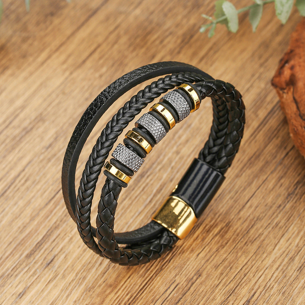 Hip-hop Round Leather Handmade Braided Multi-layer Bracelet with Magnetic Clasp