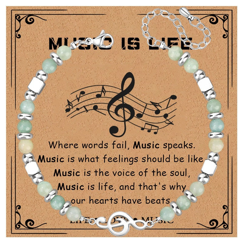 Elegant Geometric Round Crystal Turquoise Beaded Bracelet with Musical Note Pendant for Women