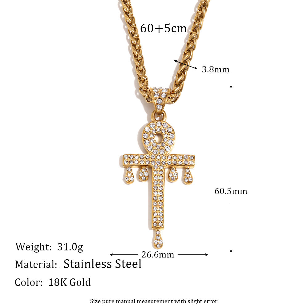 Collar con colgante en forma de llave minimalista para mujer, de acero inoxidable con chapado en oro de 18 quilates y incrustaciones completas de diamantes de imitación en cadena trenzada