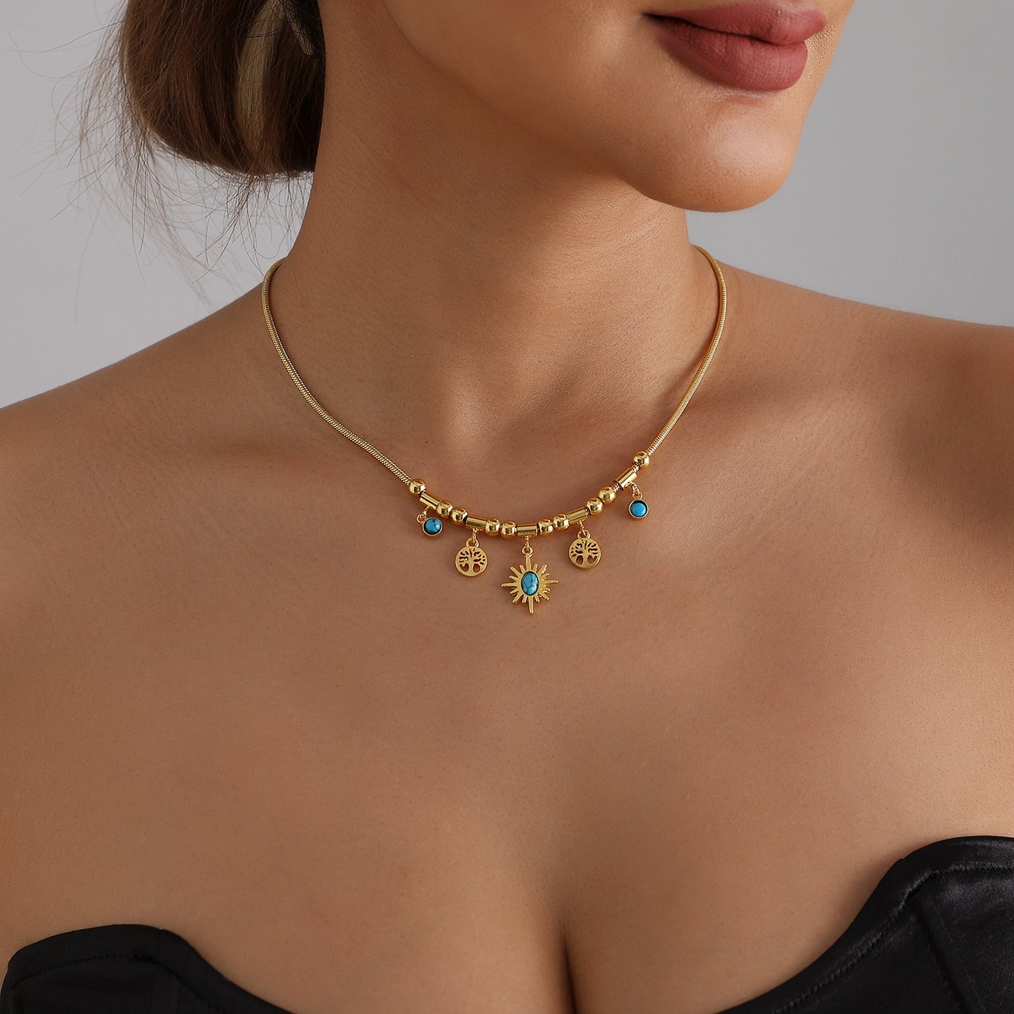 Bohemian Vintage Geometric Star Hollow Tree of Life Turquoise Inlay Alloy Necklace for Women