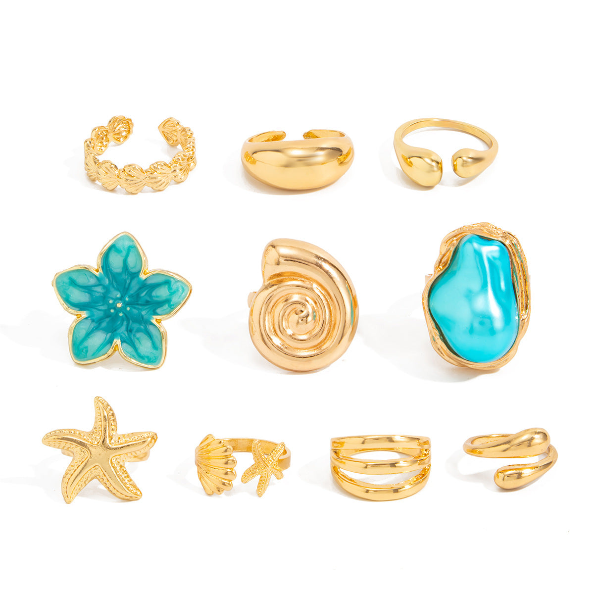 Sweet Plated Zinc Alloy Starfish and Shell Open Ring Set for Women