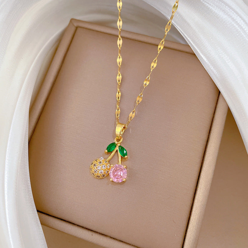 Cartoon Style Cherry Pink Rhinestone Micro-Pave Gold-Plated Titanium Steel Necklace Set with Matching Earrings for Women