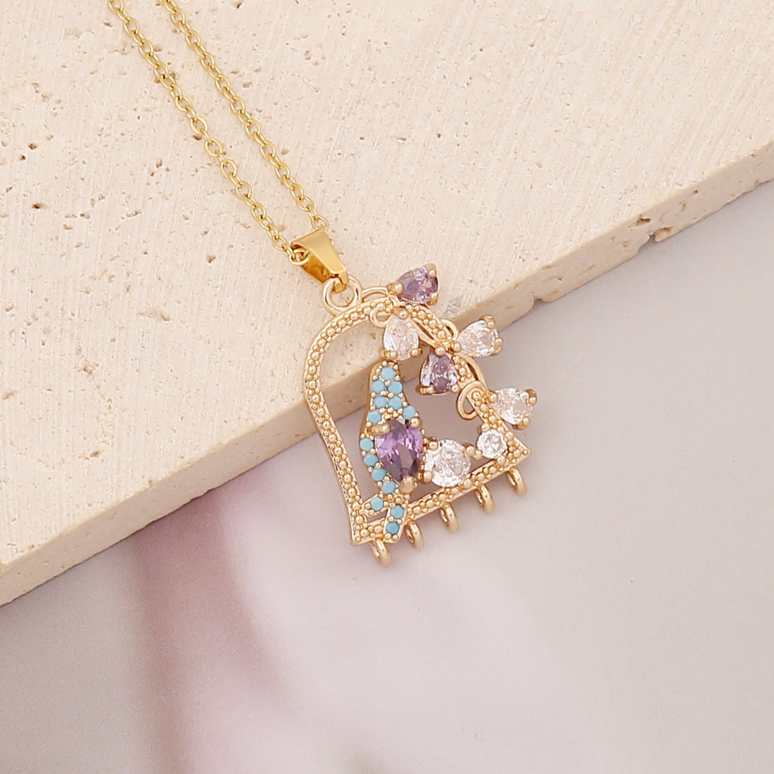 Elegant Brass Plated Leaf Heart Pendant Necklace with Cubic Zirconia Inlay