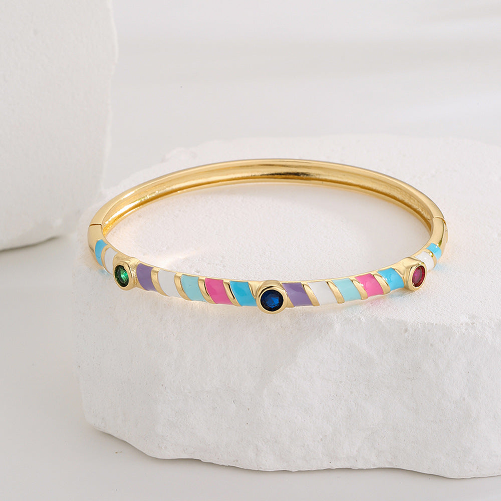 Bracciale in Rame Stile Bohemien con Placcatura in Oro e Finitura a Smalto, Intarsio in Zirconia, Gioielli Artigianali Unici da Donna