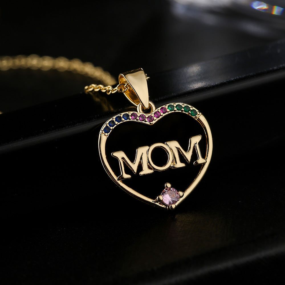 Geometric MOM Pendant Necklace in Copper with 18K Gold Plating and Zircon Accents for Mother's Day