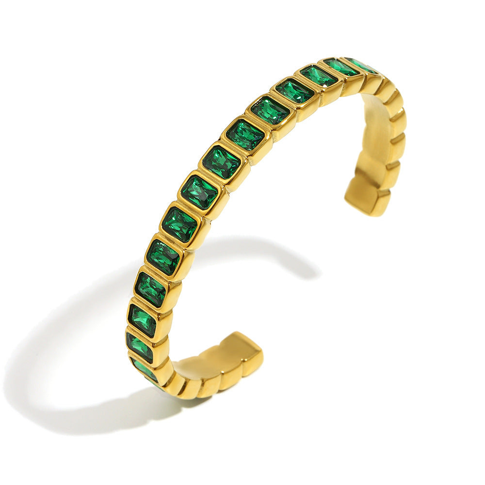Minimalist Geometric Stainless Steel Bracelet with 18K Gold Plating and Full Zirconia Inlay for Women