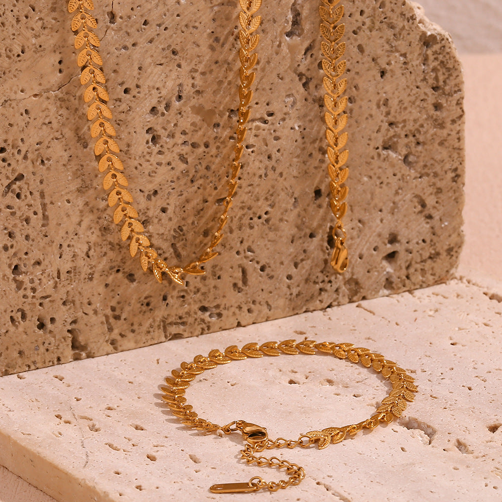 Minimalist Geometric Titanium Steel Bracelet and Anklet Set with 18K Gold Plated Leaf Pendant on Stainless Steel Chain