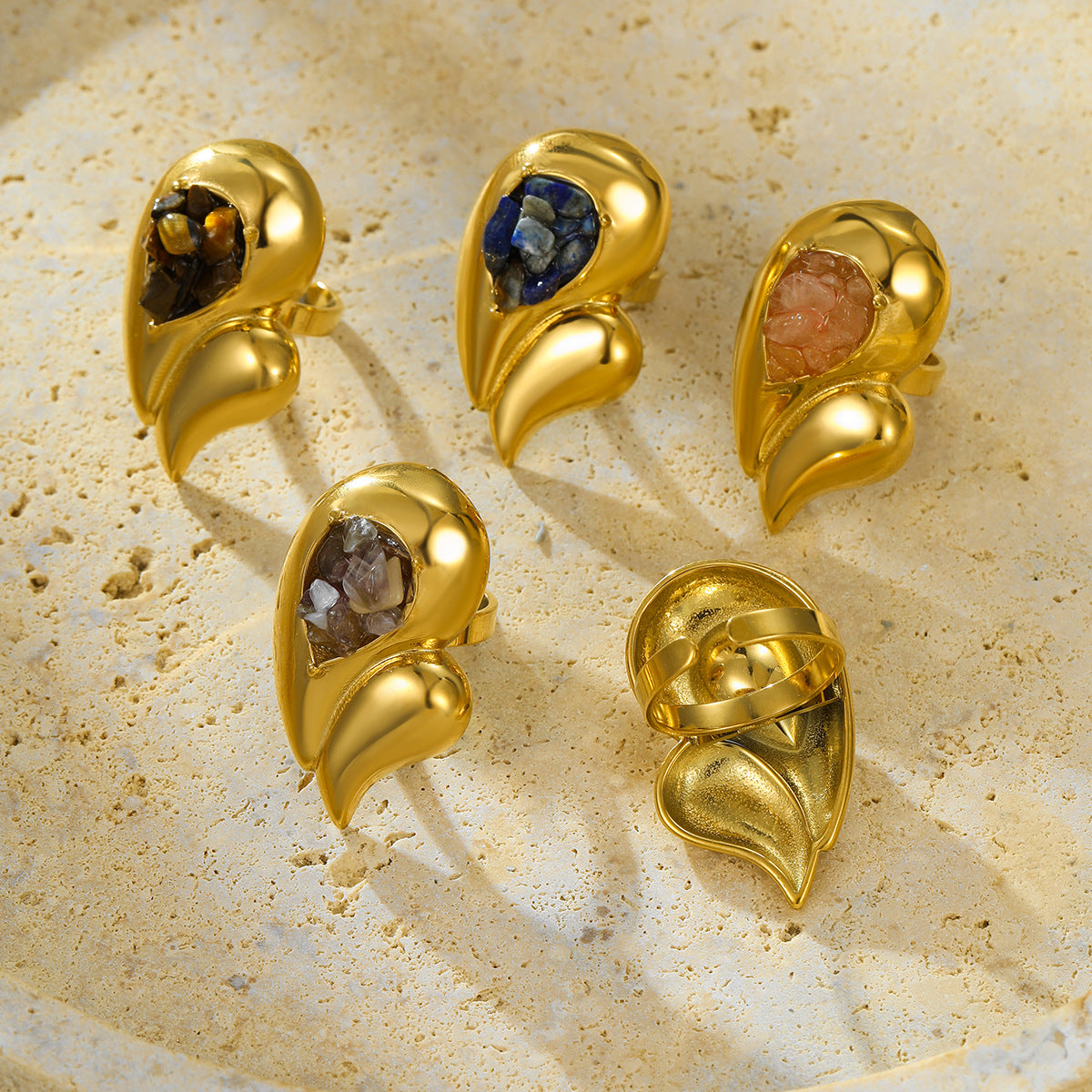 Vintage Oversized Stainless Steel Double-Layer Water-Drop Shaped Ring with Natural Stone Inlay and Plated Finish for Women