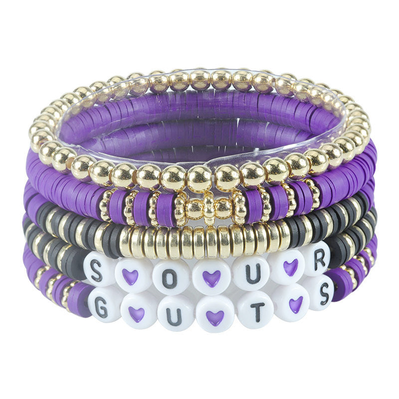 Purple Resin Letter Charm Bar Bracelet Set Unisex