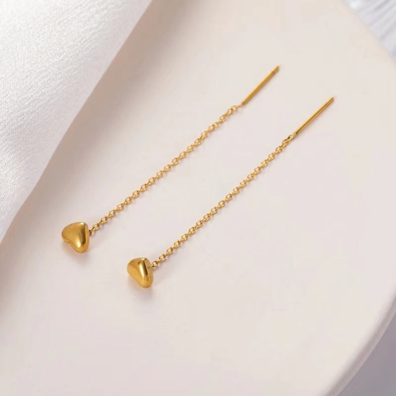 Sweet Gold Filled Titanium Steel Heart Teardrop Tassel Drop Earrings