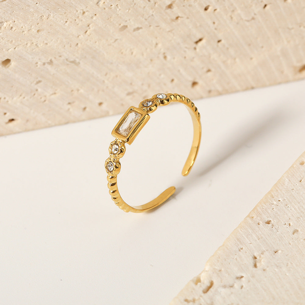 Minimalist Geometric Stainless Steel Ring with 18K Gold Plating and White Rhinestone Accents for Women