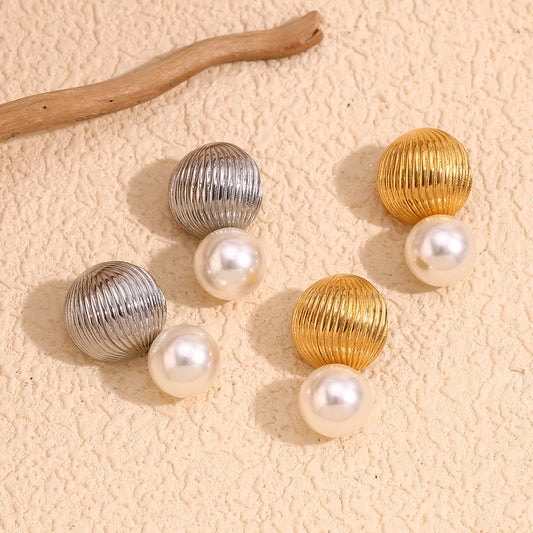 Orecchini da donna vintage, eleganti, geometrici, rotondi in acciaio inossidabile placcati oro, con mongolfiera e perle imitate