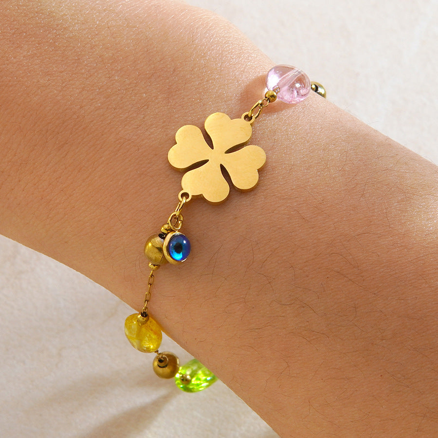 Elegant Geometric Floral Stainless Steel Titanium Steel Beaded Bracelet Evil Eye Design